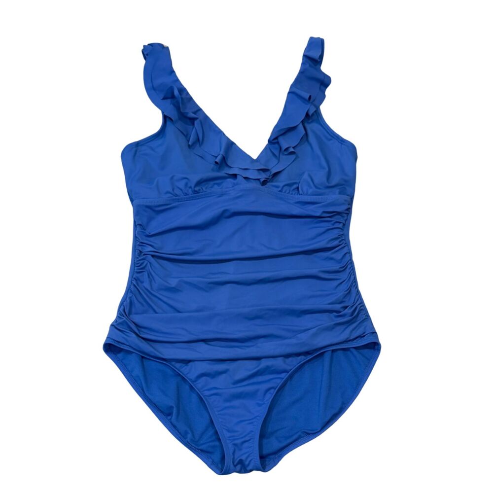 Lauren Ralph Lauren Core Solid Ruffle One-Piece Swimsuit Blue Size 14 Beach